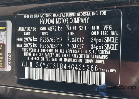 2017 Hyundai Santa Fe Sport 2.4L z USA, uszkodzony, nr VIN 5XYZT3LB4HG435266